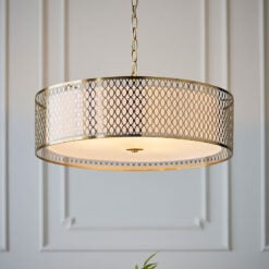 Gold Metal And White Fabric 1 Light Drum Ceiling Chandelier Pendant