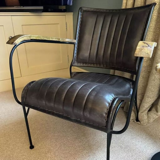 Grey Genuine Leather And Black Metal Industrial Armchair Accent Chair