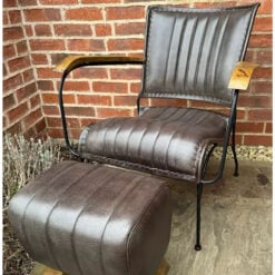 Grey Genuine Leather And Black Metal Industrial Armchair Accent Chair