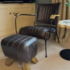 Grey Genuine Leather And Black Metal Industrial Armchair Accent Chair