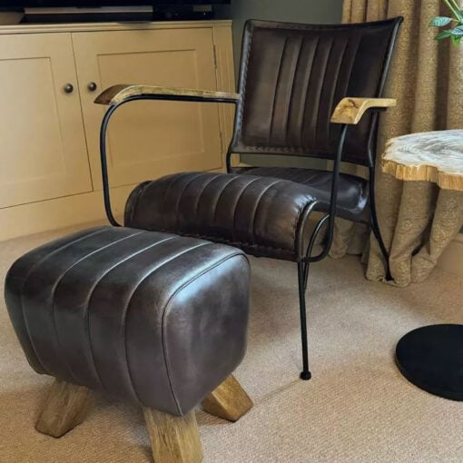 Grey Genuine Leather And Black Metal Industrial Armchair Accent Chair