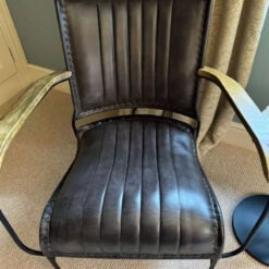 Grey Genuine Leather And Black Metal Industrial Armchair Accent Chair