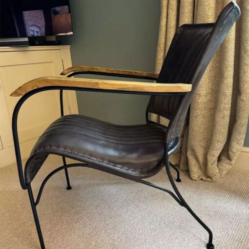 Grey Genuine Leather And Black Metal Industrial Armchair Accent Chair