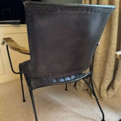 Grey Genuine Leather And Black Metal Industrial Armchair Accent Chair