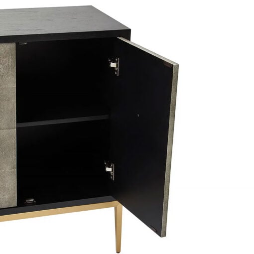 Grey Shagreen Leather And Black Wood Sideboard With Gold Metal Legs