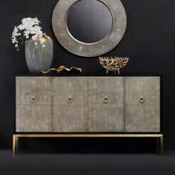 Grey Shagreen Leather And Black Wood Sideboard With Gold Metal Legs