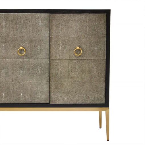 Grey Shagreen Leather And Black Wood Sideboard With Gold Metal Legs