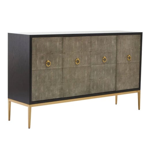 Grey Shagreen Leather And Black Wood Sideboard With Gold Metal Legs