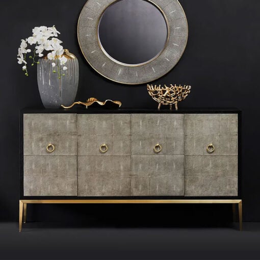 Grey Shagreen Leather And Black Wood Sideboard With Gold Metal Legs