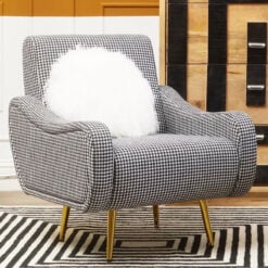 Houndstooth Checked Black And White Fabric And Gold Metal Armchair Accent Chair