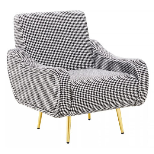 Houndstooth Checked Black And White Fabric And Gold Metal Armchair Accent Chair