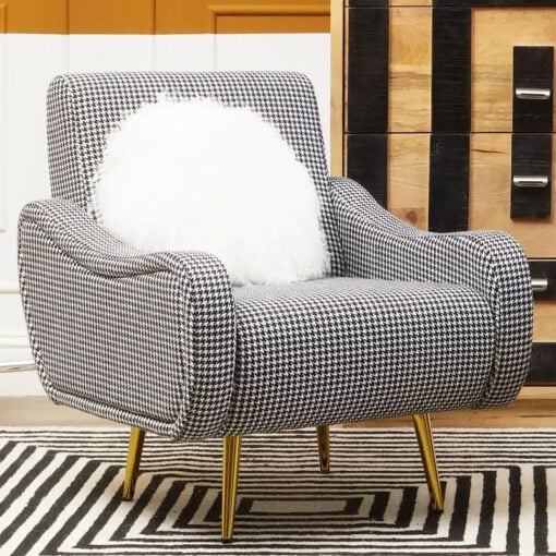 Houndstooth Checked Black And White Fabric And Gold Metal Armchair Accent Chair