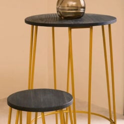 Industrial Gold Metal And Elm Wood Set Of 1 Bar Table And 2 Bar Stools