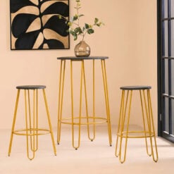Industrial Gold Metal And Elm Wood Set Of 1 Bar Table And 2 Bar Stools