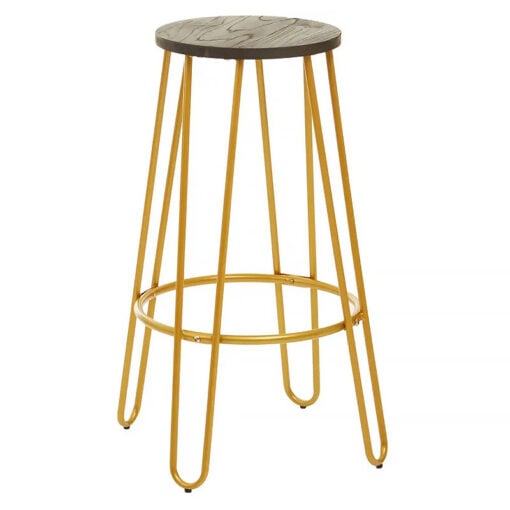 Industrial Gold Metal And Elm Wood Set Of 1 Bar Table And 2 Bar Stools