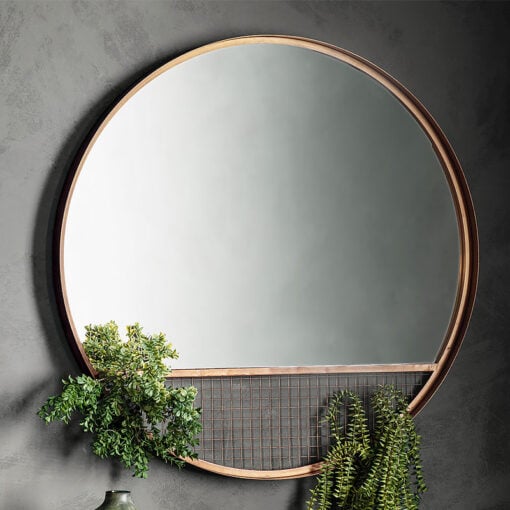 Industrial Grid Large Round Antique Gold Bronze Wall Mirror 80cm