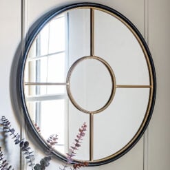 Industrial Large Round Panelled Black And Gold Metal Window Wall Mirror 80cm