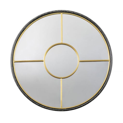 Industrial Large Round Panelled Black And Gold Metal Window Wall Mirror 80cm