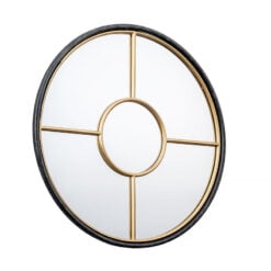 Industrial Large Round Panelled Black And Gold Metal Window Wall Mirror 80cm