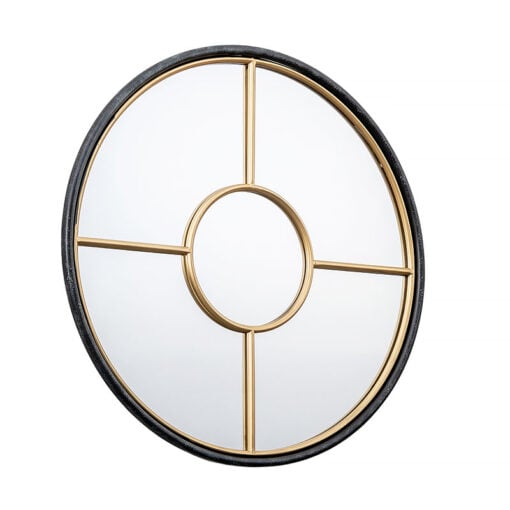 Industrial Large Round Panelled Black And Gold Metal Window Wall Mirror 80cm