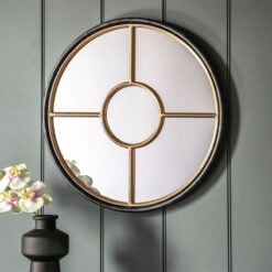 Industrial Round Panelled Black And Gold Metal Window Wall Mirror 60cm