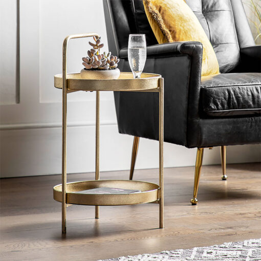 Jojo Boho 2 Tier Round Antique Gold Leaf Metal Tray Top Side Table