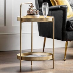 Jojo Boho 2 Tier Round Antique Gold Leaf Metal Tray Top Side Table