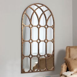 Large Arched Panelled Antique Gold Bronze Window Wall Mirror 150cm
