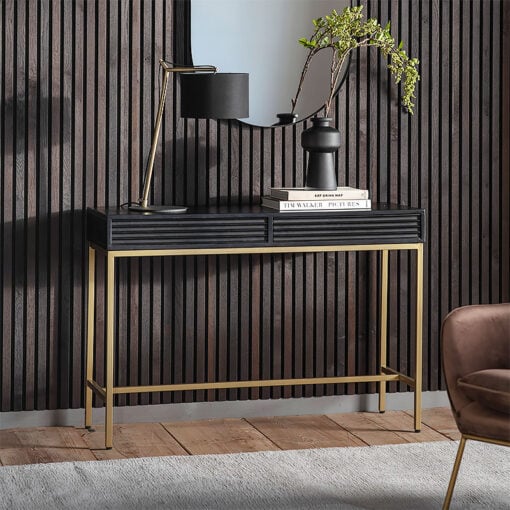 Leah 2 Drawer Black Mango Wood And Gold Metal Slim Console Table