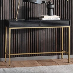Leah 2 Drawer Black Mango Wood And Gold Metal Slim Console Table