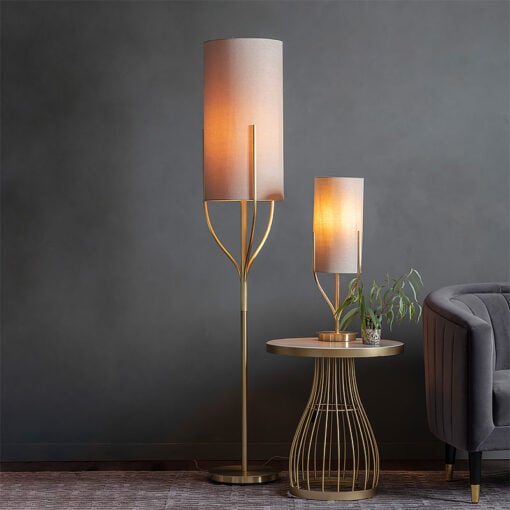 Lexy Satin Gold And Natural Linen Effect Fabric 1 Light Floor Lamp 166cm