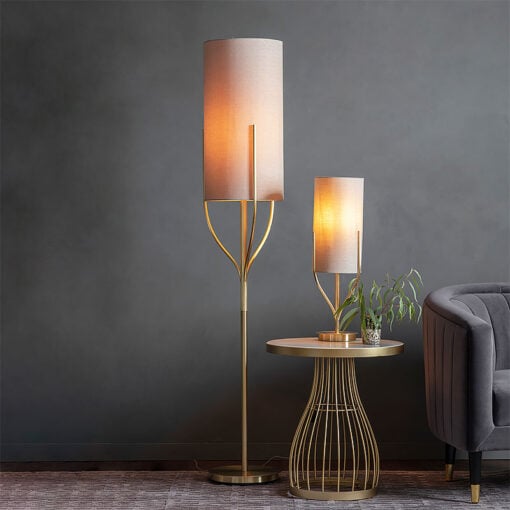 Lexy Satin Gold And Natural Linen Effect Fabric 1 Light Table Lamp