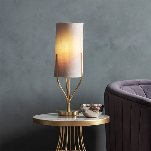 Lexy Satin Gold And Natural Linen Effect Fabric 1 Light Table Lamp