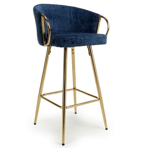 Melisande Navy Blue Linen Effect Tub Bar Stool With Gold Metal Legs