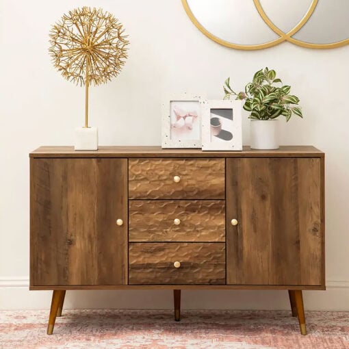 Mid Century Boho 3 Drawer 2 Door Brown Wood Sideboard With Gold Handles