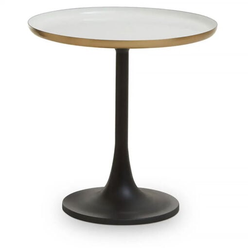 Mid Century White And Gold Enamel End Side Table With Black Column Base