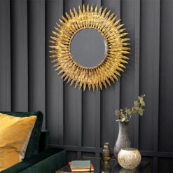 Modern Feather Round Antique Gold Metal Wall Mirror 62cm