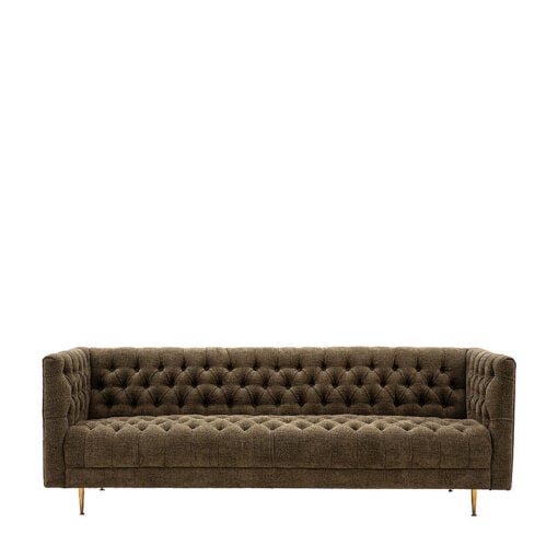 Moss Green Boucle Style Fabric And Gold 3 Seater Chesterfield Sofa