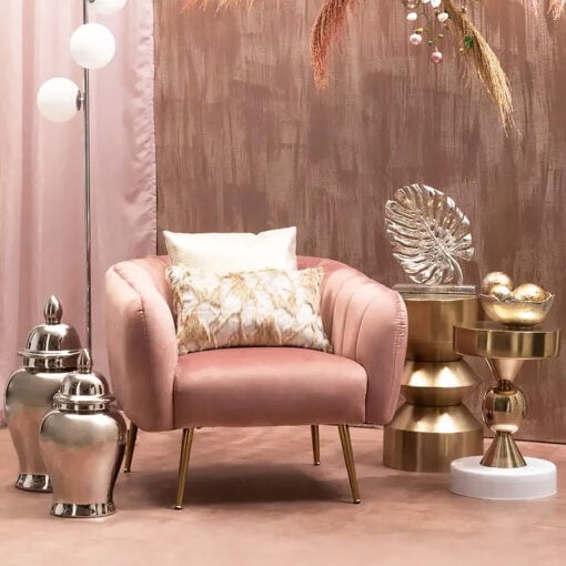 Pink Velvet and Gold Metal Tub Accent Chair Armchair