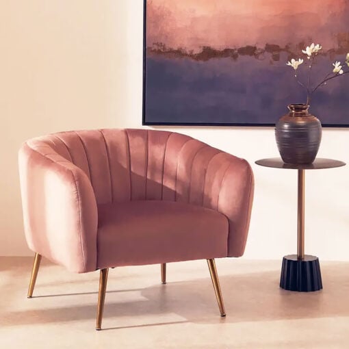 Pink Velvet and Gold Metal Tub Accent Chair Armchair