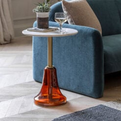 Retro Art Deco Orange Glass And White Marble Side Table With Gold Base