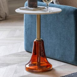 Retro Art Deco Orange Glass And White Marble Side Table With Gold Base