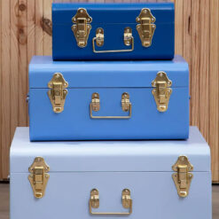 Retro Boho Set Of 3 Storage Trunks In Blue Grey And Gold Metal