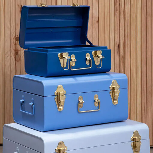 Retro Boho Set Of 3 Storage Trunks In Blue Grey And Gold Metal