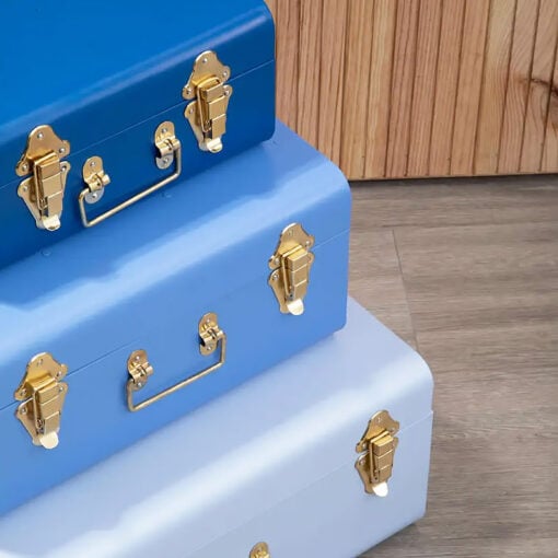 Retro Boho Set Of 3 Storage Trunks In Blue Grey And Gold Metal