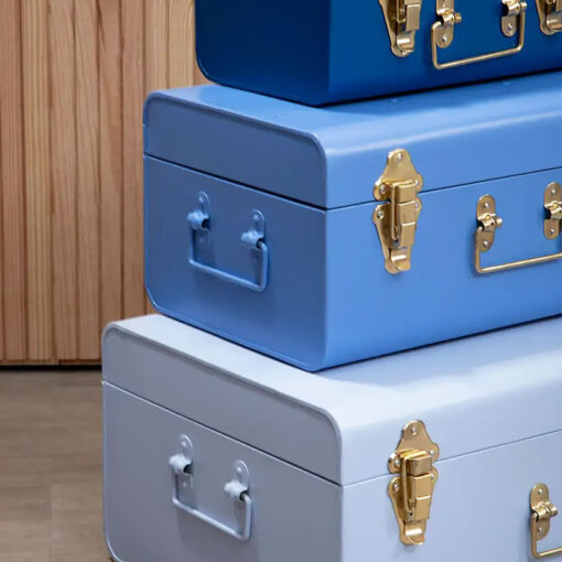 Retro Boho Set Of 3 Storage Trunks In Blue Grey And Gold Metal