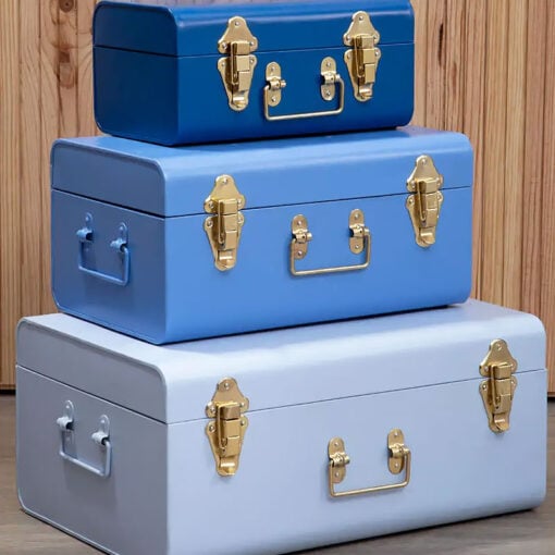 Retro Boho Set Of 3 Storage Trunks In Blue Grey And Gold Metal