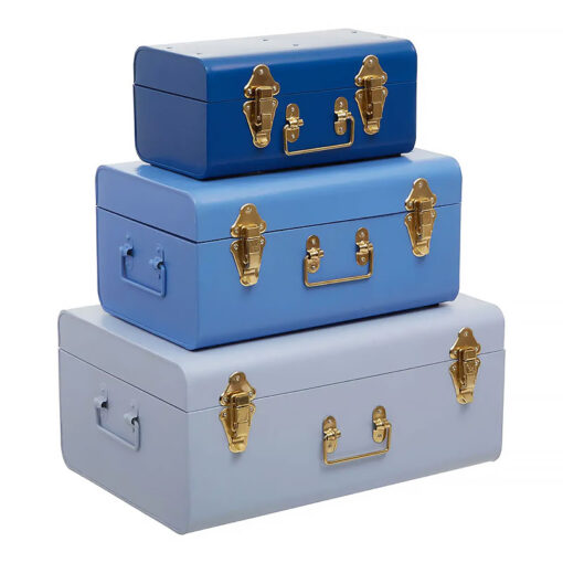 Retro Boho Set Of 3 Storage Trunks In Blue Grey And Gold Metal