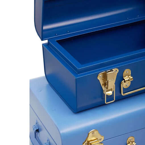 Retro Boho Set Of 3 Storage Trunks In Blue Grey And Gold Metal