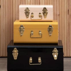 Retro Boho Set Of 3 Storage Trunks In Yellow Black Beige And Gold Metal